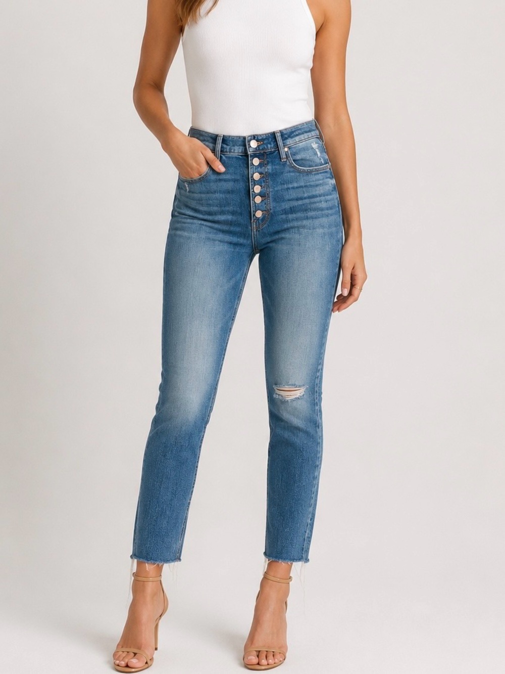 Mother 27 Pixie Dazzler Ankle Fray High-Rise Button-Fly Women's Jeans Tiny Flaw